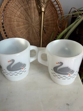 Vintage Galaxy Milk Glass Stacking Mugs Grey Swan Pattern Made Mexico Set of 2